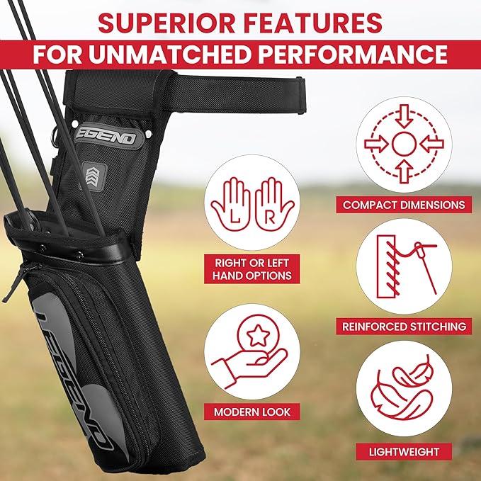 Legend XT420 Field Quiver - Left or Right-Handed Quiver Arrow Holder, Archery Quiver with 3 Arrow Tube, Durable Nylon Hip Quivers with Multiple Pockets for Archery Accessories, Score Card & Tools