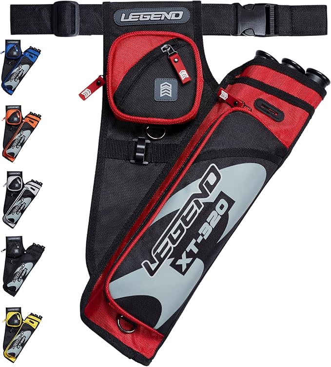 LEGEND XT320 Archery Quivers - Nylon Hip Quivers with 3 Arrow Tube Cases for Target Shooting - Adjustable Waist Belt, T-Slot, Storage Compartments for Accessories, Gear, Tools, Release Tab, Score Card