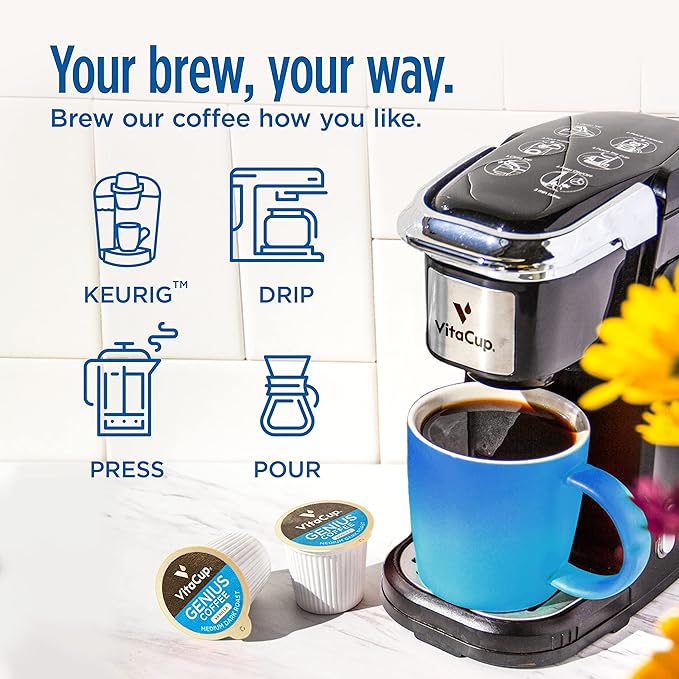Genius Vanilla Keto Coffee Pods by VitaCup w/MCT Oil, Turmeric, B Vitamins, & D3 for Energy & Focus in Recyclable Single Serve Pod Compatible with K-Cup Brewers Including Keurig 2.0, 32 CT