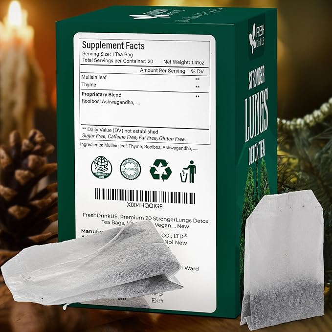 FreshDrinkUS StrongerLungs 20 Tea Bags - Mullein Leaf, Ginseng, Elderberry, Ginger & Thyme - Supports Lung Cleanse, Congestion Relief & Mucus Detox - Caffeine-Free & All-Natural