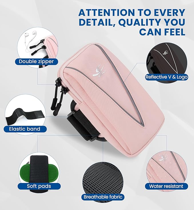HiRui Cell Phone Holder Arm Bag & Wrist Bag for Phone, Sports Running Armband for Gym & Cycling, Compatible with iPhone 16/16Pro/Plus/15/14 Samsung Galaxy All Phones, Reflective & Adjustable (Pink)