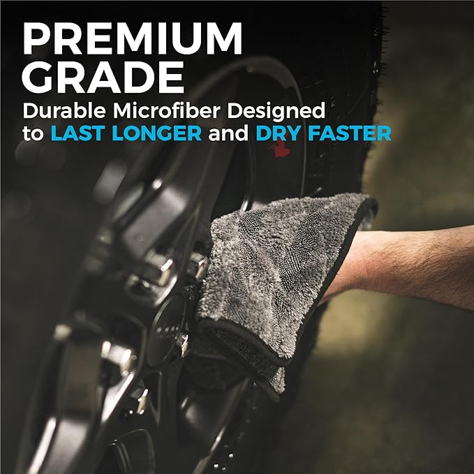 The Rag Company Gauntlet Car Drying Towel - 70/30 Korean Microfiber, Dries Faster Without Scratching, 900gsm, 12x12 inches, Ice Grey/Grey, 3 Pack