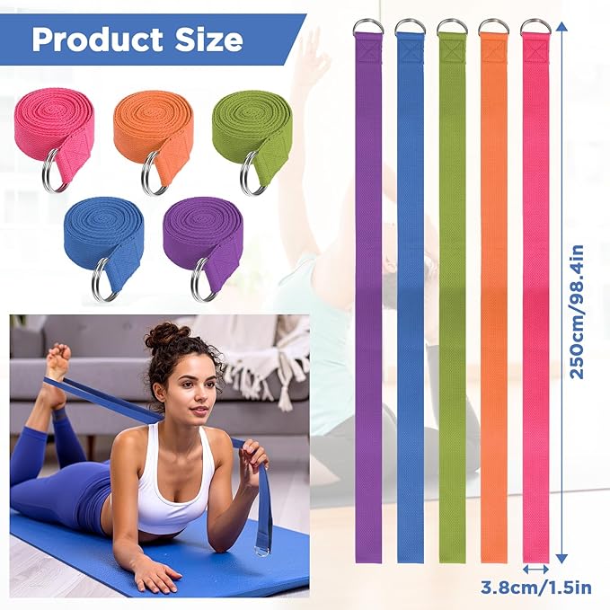 10 Pcs Yoga Strap 8ft Yoga Stretching Exercise Band Stretching Belt with Adjustable Metal D Ring Buckle Loop for Pilates, Dance, Physical Therapy, Gym Workout