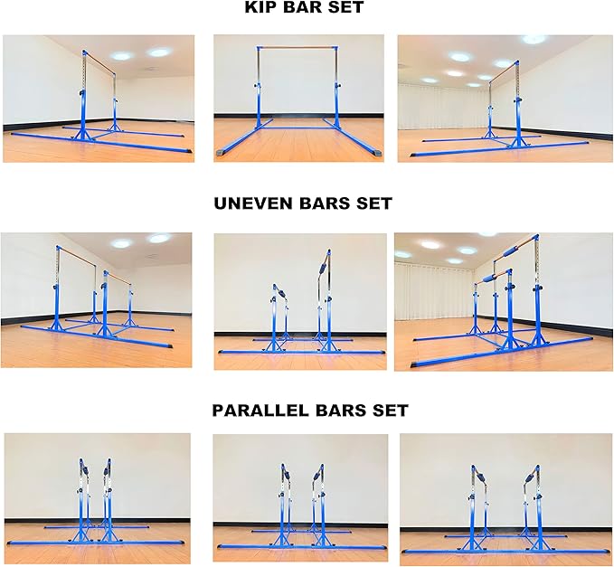 Gymnastics Double Horizontal Bars 3Play Parallel Bars Uneven Bars Gymnastics Training Kip Bar with 304 Stainless Steel Regulating Arms & Fiberglass Rail for Indoor Outdoor Home Club Use