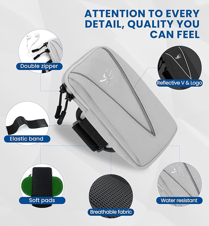 HiRui Cell Phone Holder Arm Bag & Wrist Bag for Phone, Sports Running Armband for Gym & Cycling, Compatible with iPhone 16/16Pro/Plus/15/14 Samsung Galaxy All Phones, Reflective & Adjustable (Gray)