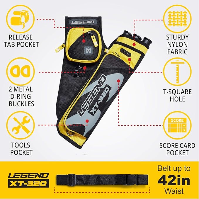 LEGEND XT320 Archery Quivers - Nylon Hip Quivers with 3 Arrow Tube Cases for Target Shooting - Adjustable Waist Belt, T-Slot, Storage Compartments for Accessories, Gear, Tools, Release Tab, Score Card