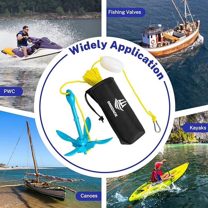 Dreizack Kayak Anchor Kit, 3.5 lb Folding Grapnel Boat Anchor Trolley Accessories with 40ft Rope and PVC Buoy for Fishing Kayaks SUP Paddle Boards Canoes Jet Ski PWC Inflatable Small Boats