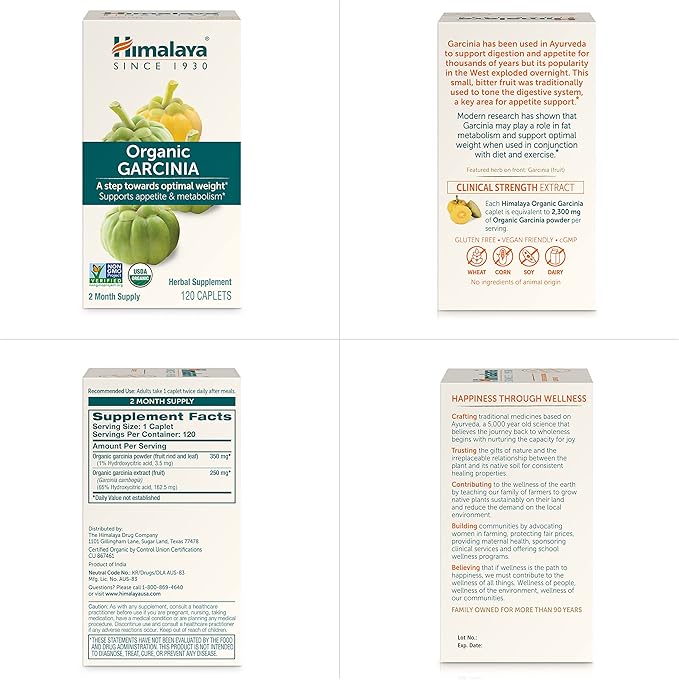 Himalaya Organic Garcinia Cambogia Herbal Supplement, Appetite Support, Lipid Metabolism, Weight Support, USDA Organic, Non-GMO, Vegan, 600 mg, 120 Plant-Based Caplets
