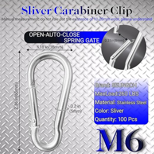 100Pcs 2.36" Sliver Carabiners Clip, M6 Galvanized Steel Small Spring Snap Hook, Keychain Clip, Quick Link Key Chain for Hammock Swing Set Outdoor Travel, Camping, Fishing, Hiking