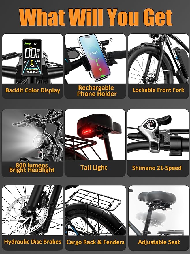 Ebike for Adults Electric, 52V 19.2Ah/32Ah, Peak 2000W/2500W E-Bike, 36/40MPH, 70 Miles/100Miles Long Range, Hydraulic Disc Brake, Off Road Snow Mountain E-Bike, 24"/26" Fat Tire Fast Electric Bicycle