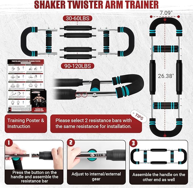 Twister Arm Trainer, Adjustable Twister Arm Chest Exerciser with 4 Spring & Training Poster for Men & Women, Detachable Power Twister Home Fitness Equipment for Enhancing Upper Body Muscle