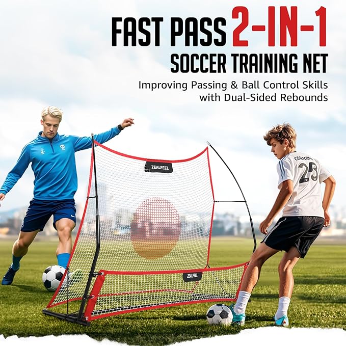 Soccer Rebounder, 2-in-1 Soccer Rebound Net, 6'x4.7' Large Net & 6'x16" Small Net, Soccer Bounce Back Net Practice for Team Volley Passing Solo Training, Football Trainer with Carry Bag Cones