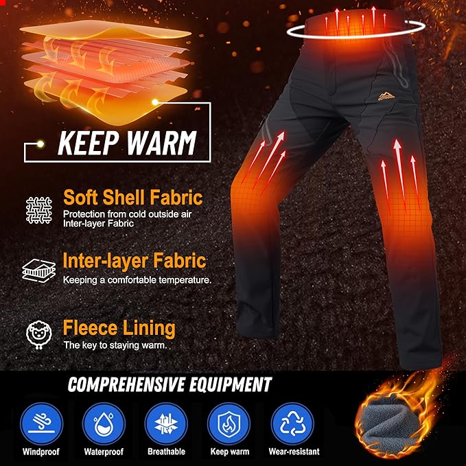 TACVASEN Men's Skiing Snow Pants Fleece Lined Waterproof Winter Insulated Hiking Pant for Outdoor Work Hunting Cargo