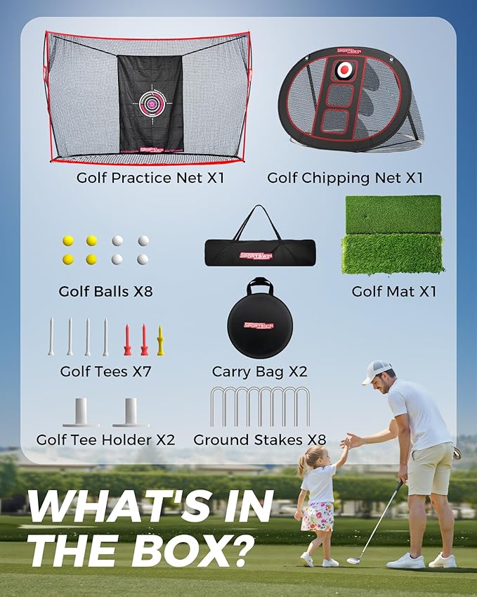 10x7ft Heavy Duty Golf Practice Net with Mat, Target Cloth, 8 Tees, 6 Balls, Carry Bag, Golf Training Net for Backyard Driving Chipping Indoor Outdoor