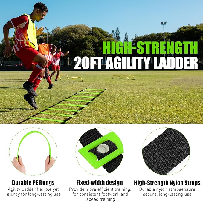 Agility Speed Training Equipment Set - 20ft Speed Ladder, 12 Cones, 4 Adjustable Hurdles, Jump Rope, Parachute | Ideal for Basketball, Football, Soccer, for Kids, Youth, Adults