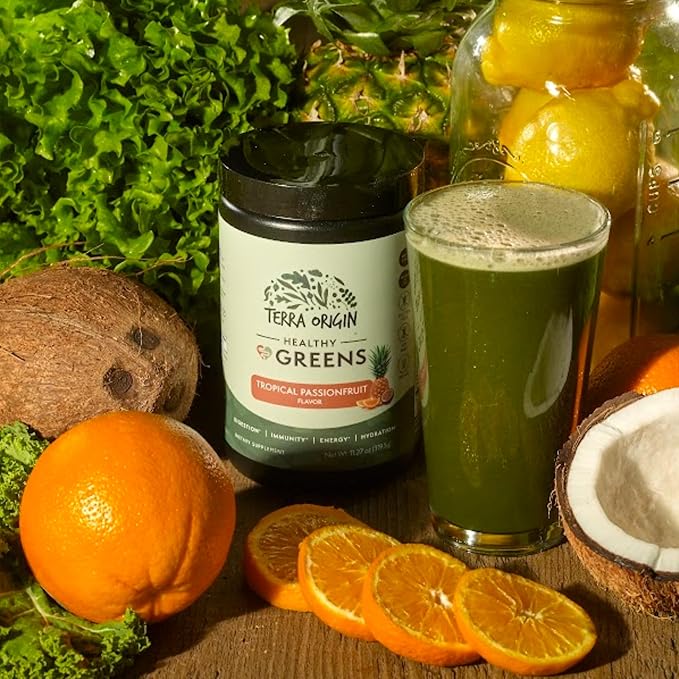 TERRA ORIGIN Healthy Greens Powder Supplement | Superfood Digestive Enzyme & Probiotic Blends | Immune, Gut, and Digestive Support for Women | Tropical Passion Fruit (30 Servings)
