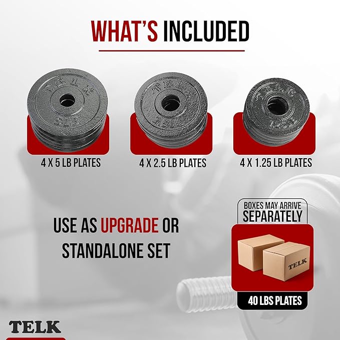 TELK – Adjustable Dumbbell Set – Home Gym Weight Set with Baked Enamel Cast Iron Plates – Space-Saving Free Weights for Strength Training