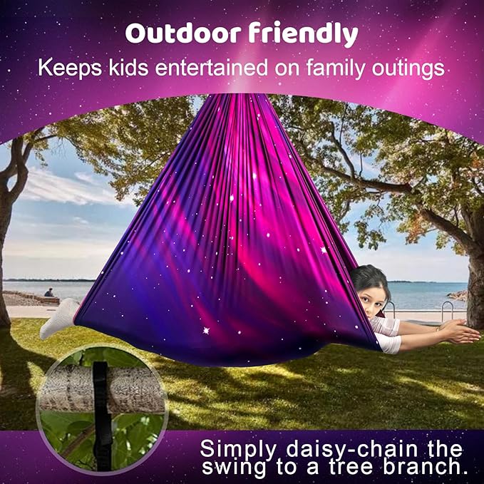 Double Layer Sensory Swing for Kids & Adults Holds up to 300lbs Indoor and Outdoor Therapy Cuddle Swing with 360° Swivel Hanger Kit Adjustable with Aspergers Autism ADHD (Galaxy Purple)