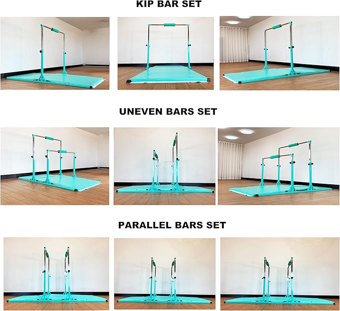 Gymnastics Double Horizontal Bars 3Play Parallel Bars Uneven Bars Gymnastics Training Kip Bar with 304 Stainless Steel Regulating Arms & Fiberglass Rail for Indoor Outdoor Home Club Use