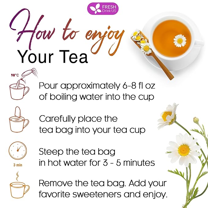 FreshDrinkUS, Premium 60 Chamomile Lavender Tea Bags, Calming Herbal Blend Strong Support for Relaxation & Better Sleep | Naturally Caffeine-Free Bedtime Tea with Soothing Floral Aroma, 100% Natural, Hand-made No Sugar/ Caffeine/ Gluten, Vegan