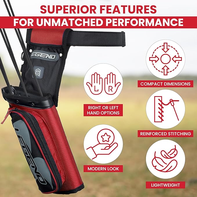 Legend XT420 Field Quiver - Left or Right-Handed Quiver Arrow Holder, Archery Quiver with 3 Arrow Tube, Durable Nylon Hip Quivers with Multiple Pockets for Archery Accessories, Score Card & Tools
