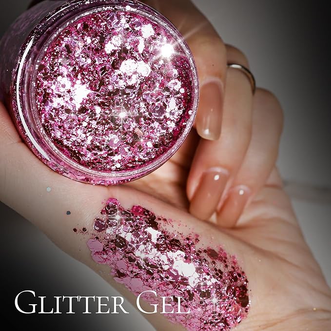 Teenitor Pink Body Glitter, Chunky Face Glitter, Hair Glitter Gel, 80g/2.8oz Pink Festival Cheer Holographic Glitter for Makeup Face Body Hair