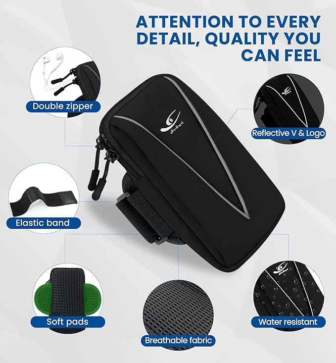 HiRui Cell Phone Holder Arm Bag & Wrist Bag for Phone, Sports Running Armband for Gym & Cycling, Compatible with iPhone 16/16Pro/Plus/15/14 Samsung Galaxy All Phones, Reflective & Adjustable (Black)