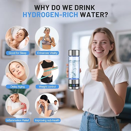 snawowo Glass Hydrogen Water Bottle Generator 16oz/460ml- 2500+PPB Concentration SPE/PEM Technology - Enhanced Vitality Improving Health |Food-grade |LED Display |Type-C Charging for Daily Use or Gift