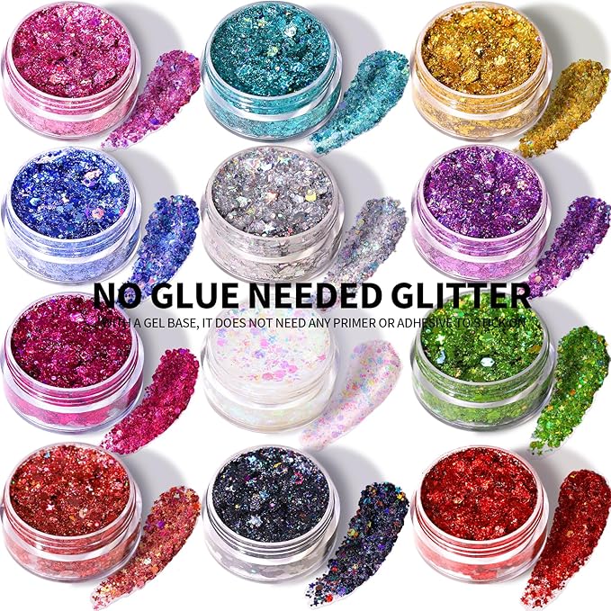 Teenitor Face Glitter Makeup Glitter, 12 Colors Face and Body Glitter Gel for Festival Makeup, Gel Hair Glitter for Face, Body, Hair, Total 120g/4.23oz