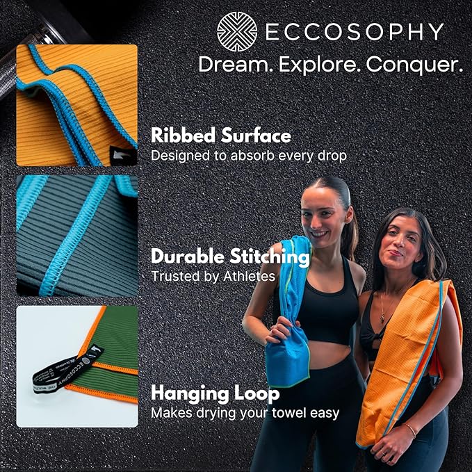 ECCOSOPHY Microfiber Beach Towel – Quick Dry Gym Towel, Highly Absorbent with Ribbed Texture, Lightweight – Ideal for Travel, Pool, Yoga, Fitness & Outdoor Adventures – 60x30 Aqua