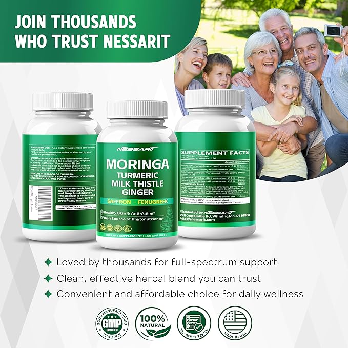 Moringa Supplement - 10-in-1 Natural Blend with Turmeric Milk Thistle Ginger Saffron Fenugreek Holy Basil Ceylon Cinnamon - 150 Count - Made & Tested in The USA