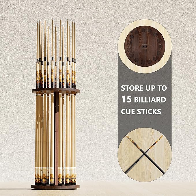 360 Degree Rotating Pool Cue Stick Holder - Floor Stand Pool Cue Rack for Up to 15 Sticks, Billiard Cue Rack, Natural Wood Billiard Room Equipment Storage Organizer, Gifts for Men