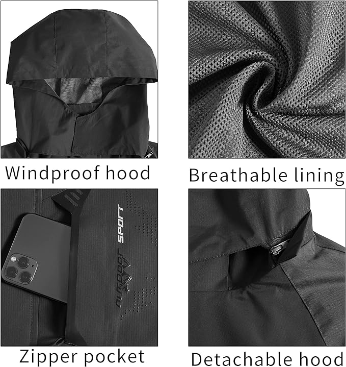 TEZO Mens Rain Jacket Waterproof with Hooded Hiking Coat Lightweight Windbreaker