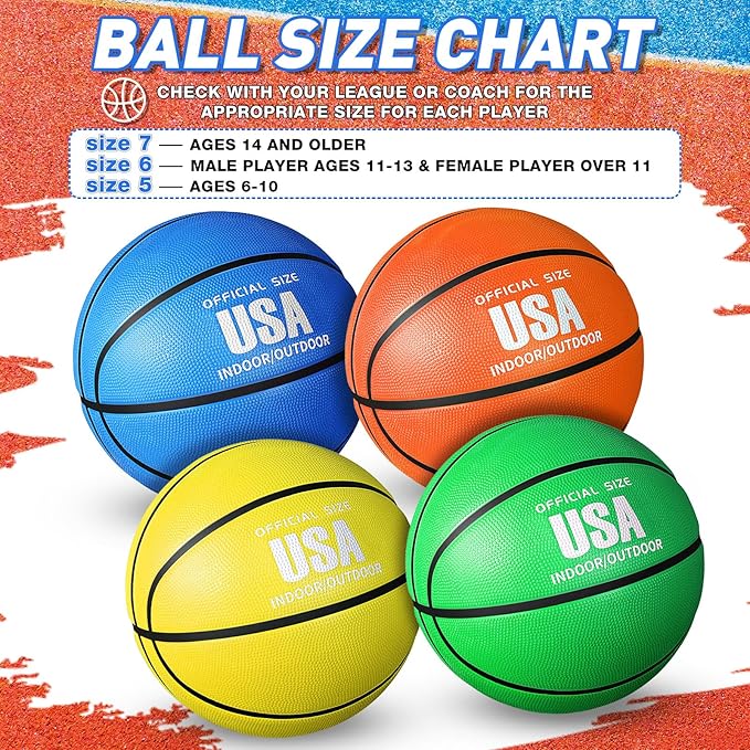 Libima 4 Pcs Rubber Basketball with Pump Official Size Indoor Outdoor Basketball Game Practice Training Kid Teen Women Men Streetbball Sport Gift Back to School