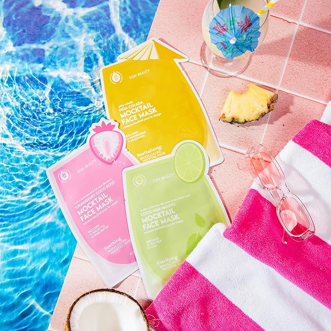 ESW Beauty Mocktail Face Mask Set - 3-Pack Vegan Face Masks for Hydrating, Revitalizing & Calming Skin - Includes Coco Lime Mojito, Strawberry Coco Rosé & Piña Colada Biocellulose Masks