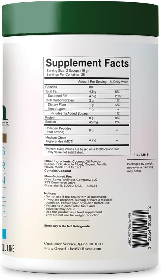 Great Lakes Wellness Keto Boost Advanced Collagen Peptides Powder with 4.2g MCTs - Vanilla Flavored - Nutritiously-Rich Non-Dairy Coffee Creamer or Smoothie Alt - Non-GMO, Kosher - 14.1 oz