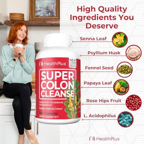 Health Plus Super Colon Cleanse 60 Day Supply of Gentle Gut Cleanse Detox, Psyllium Husk, Probiotics for Constipation Relief & Digestive Support, 240 Capsules