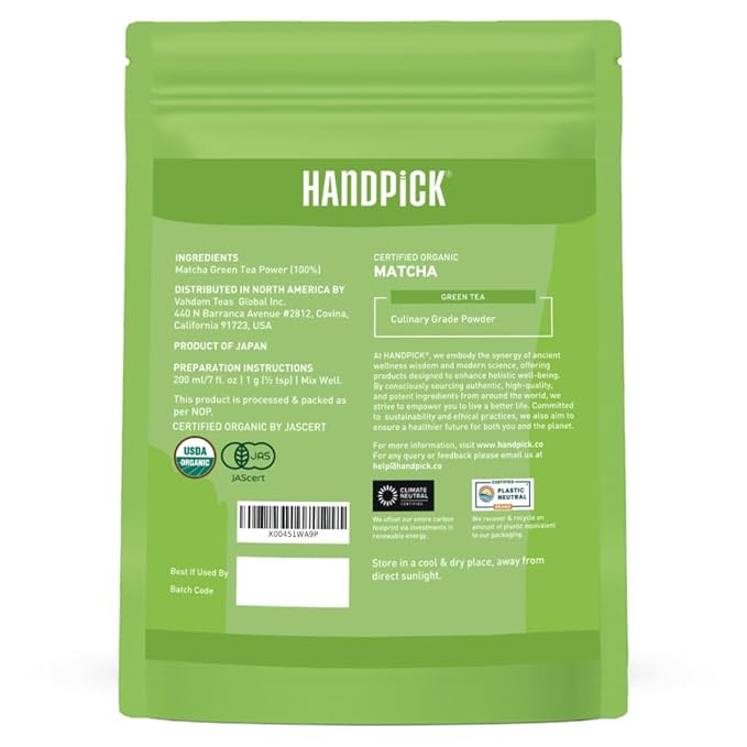 HANDPICK Japanese Organic Matcha Green Tea Powder (100 Servings) - Authentic Premium Second Flush Harvest | Resealable Ziplock Pouch