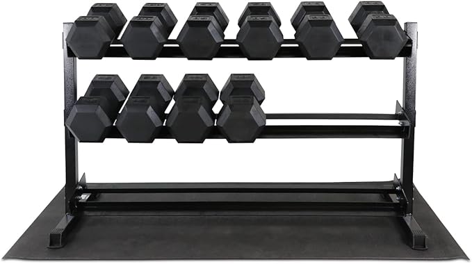 WF Athletic Supply Rubber Coated Hex Dumbbell Set, Multiple Choices Available - Dumbbells with Rack Stand and Mat, or Dumbbells Only (200/550/1200/2100/3000 LB)