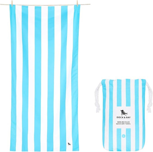 Dock & Bay Beach Towel - Quick Dry, Sand Free - Compact, Lightweight - 100% Recycled - Includes Bag - Cabana Light - Tulum Blue - Extra Large (200x90cm, 78x35)