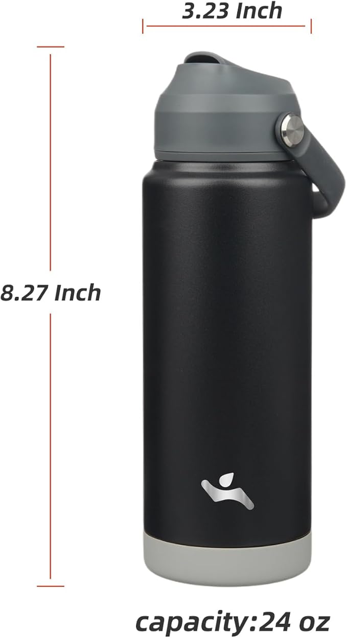 Insulated Water Bottle with Straw Lid,24 oz Stainless Steel Vacuum Metal Bottle with Silicone Handle,Black