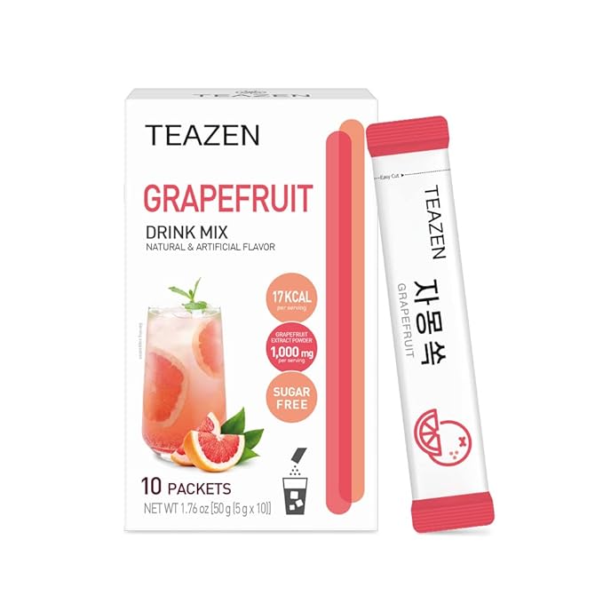 TEAZEN Grapefruit Tea, Sugar Free, Hibiscus and Green Tea, Powdered Mix Beverage from Korea, 10 Sticks, 1.76oz