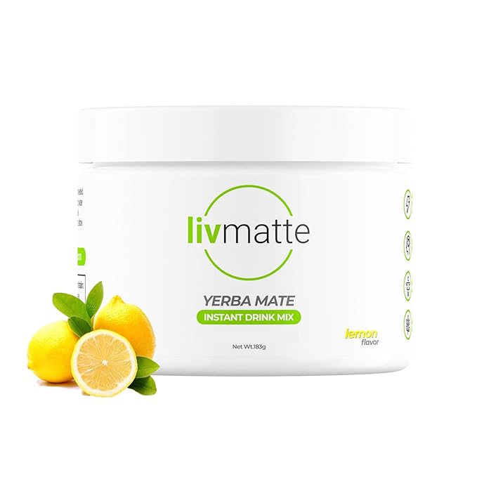 LivMatte Yerba Mate Instant Tea Drink Mix Powder Extract– Natural Yerba Mate Lemon Flavored Drink Mix Plant Extract Caffeine Alternative (Lemon)