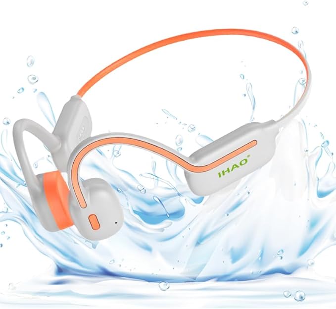 IHAO Swimming Headphones True Bone Conduction Open Ear Headset MP3 Player Built-in 32G Memory IP68 Underwater Waterproof Stereo Bluetooth Earphone for Driving Bicycling Running Skiing-Orange