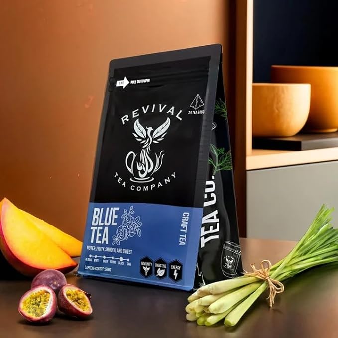 Revival Tea Company Blue Tea - Butterfly Pea Flower and Black Tea Blended with Other Herbal Tea Flavors - Loose Leaf 6 Ounces`