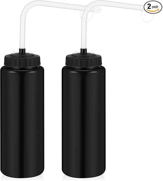 Domensi 2 Pack 1 Liter Sports Water Bottle with Long Straw Hockey Lacrosse 34 Oz Water Bottle Easy Squeeze Plastic Use with Sport Helmet in Football Baseball(Black,No Printed)