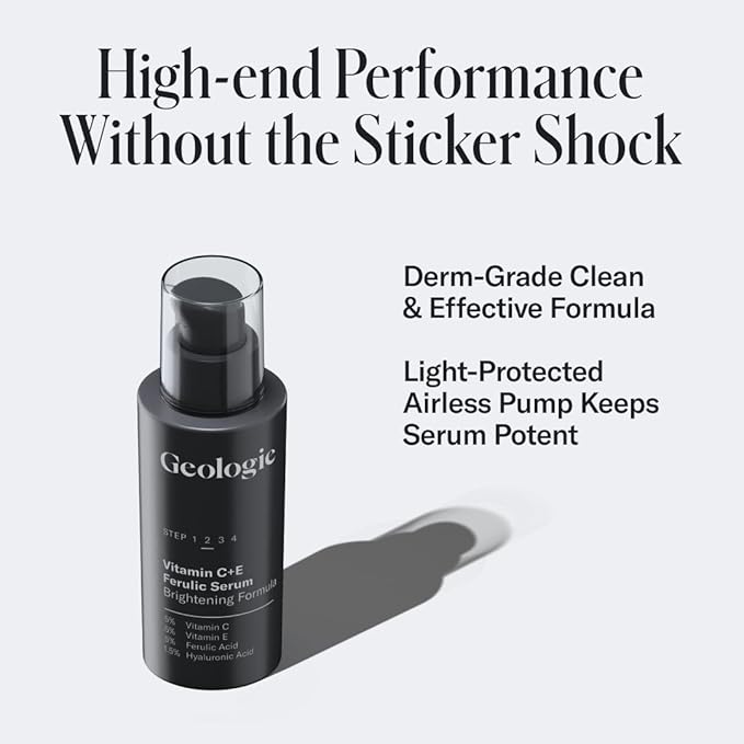 Geologie Vitamin C+E Ferulic Acid Face Serum | Brightening & Firming Anti-Aging Gel Formula | 5% Light-Protected & Stabilized Vitamin C , 0.5% Vitamin E, 1.5% Hyaluronic Acid | 30 ML