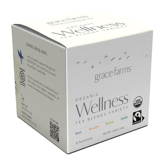 Grace Farms Wellness Organic Tea Blend Variety Box (12 Enveloped Sachets) | BREATHE, REST, REVIVE, and SETTLE | 3 Sachets of Each Tea With Adaptogens | Fairtrade & Kosher | Gives Back 100% of Profits
