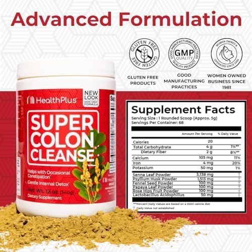 Health Plus Super Colon Cleanse, 12 oz Powder, 68 Servings - Natural Detox, Digestive Constipation Relief, Gentle Gut Cleanse with Psyllium Husk & Senna Leaf