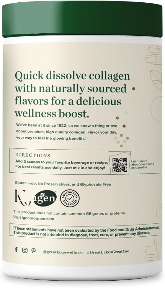 Great Lakes Wellness Collagen Peptides Powder for Skin, Hair, Nails, Joints & Digestion - Vanilla Flavored - Quick Dissolve Hydrolyzed, Non-GMO, Kosher - 10 oz